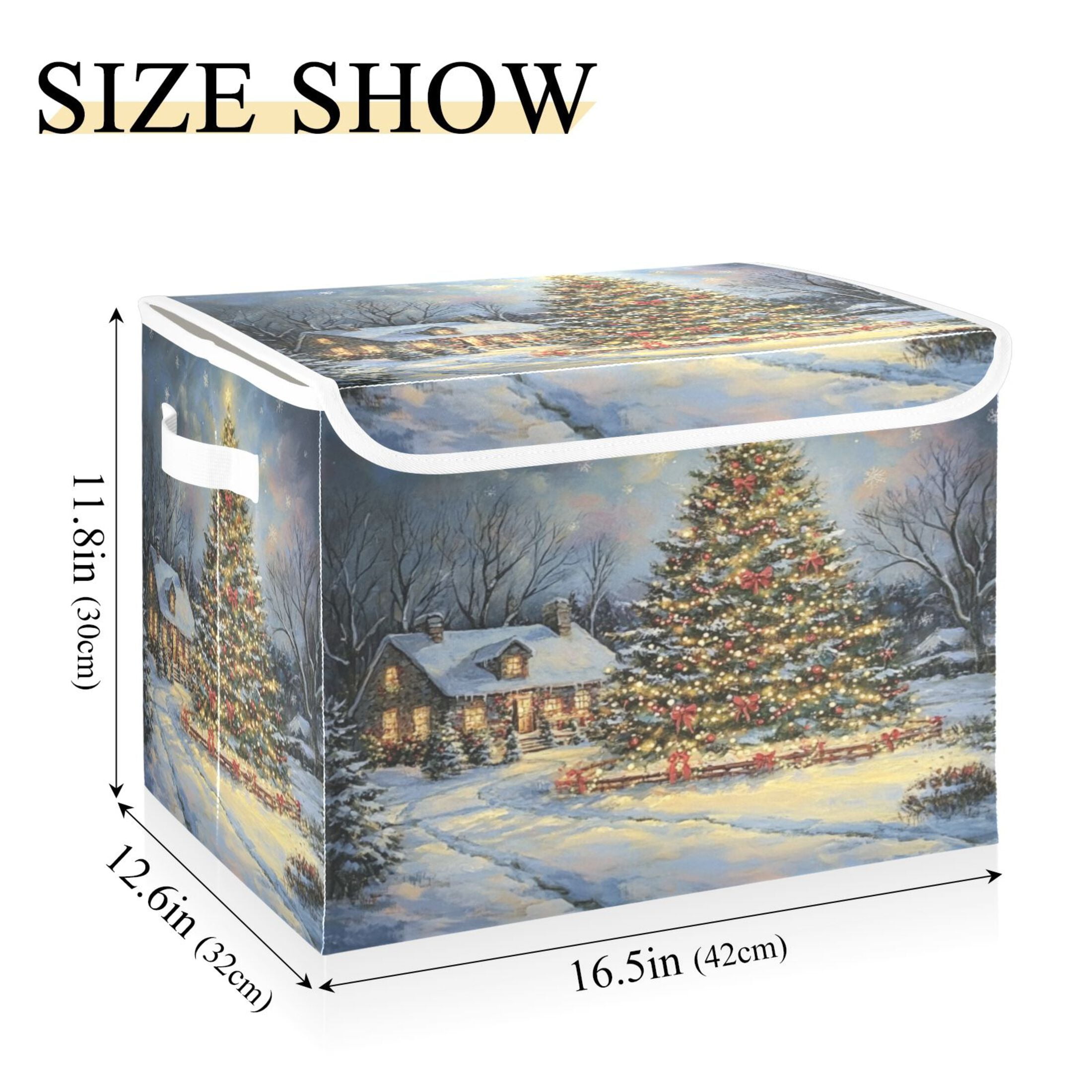 Storage Box With Lid 16.5x12.6x11.8In Foldable Stacked Household Storage Box Christmas House and Tree Picture