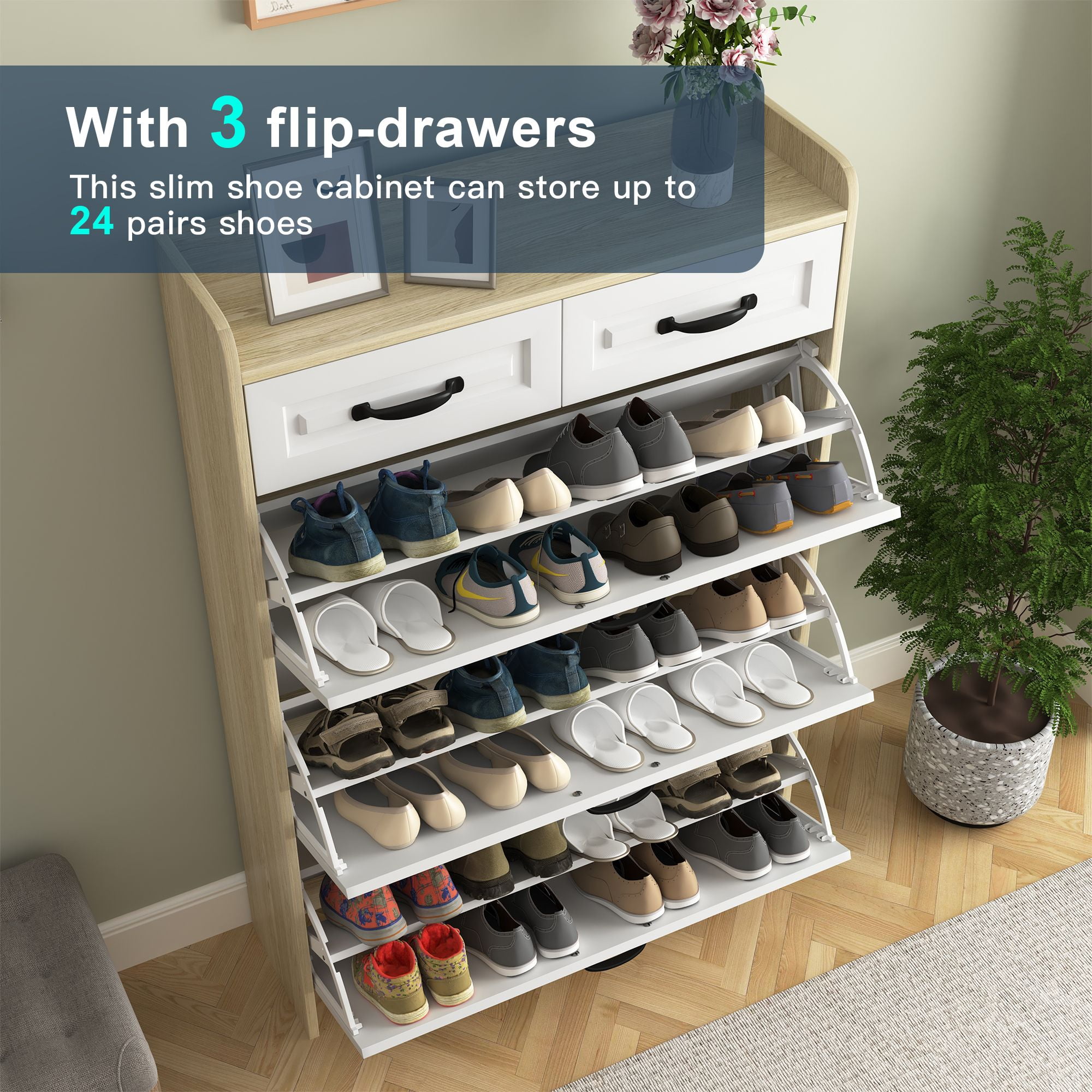 Demi Bonn Narrow Shoe Storage Cabinet, Shoe Cabinet for Entryway with 3 Flip Drawers, Wood Hidden Freestanding Shoe Organizer for Hallway, Bedroom, Apartment, Oak