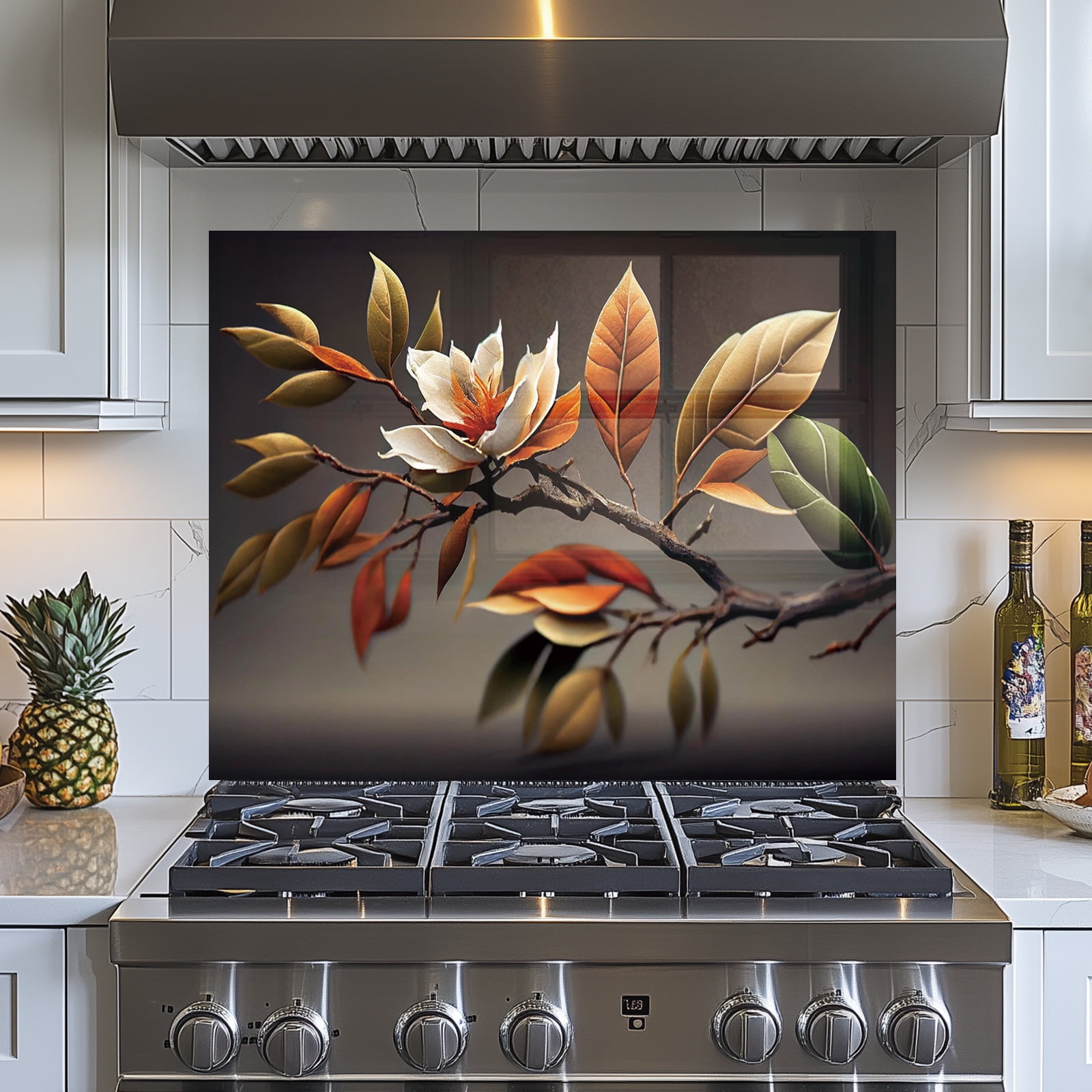 magnolia Tempered Glass Backsplash For Kitchen Behind Stove,Stove Back Top Cover,Easy to Clean Glass Splashback, Sink Cover Splash Guard,Home Kitchen Wall Decor