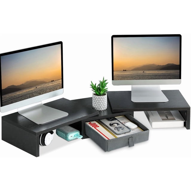 Dual Monitor Stand Riser with Drawer - Length and Angle Adjustable Double Monitor Riser Corner Desk Shelf Organizer Long Monitor Riser for 2 Monitors/Laptop/PC/Screen/TV (Black, 72-94L cm)