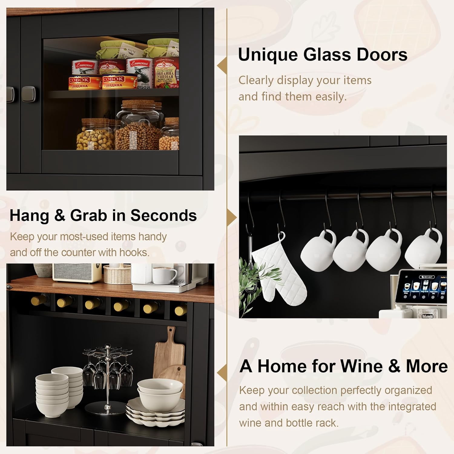 Einhomn 71" Tall Kitchen Pantry Cabinet with Charge Station, 3 Adjustable Shelves, Wine Rack and Glass Door, Black