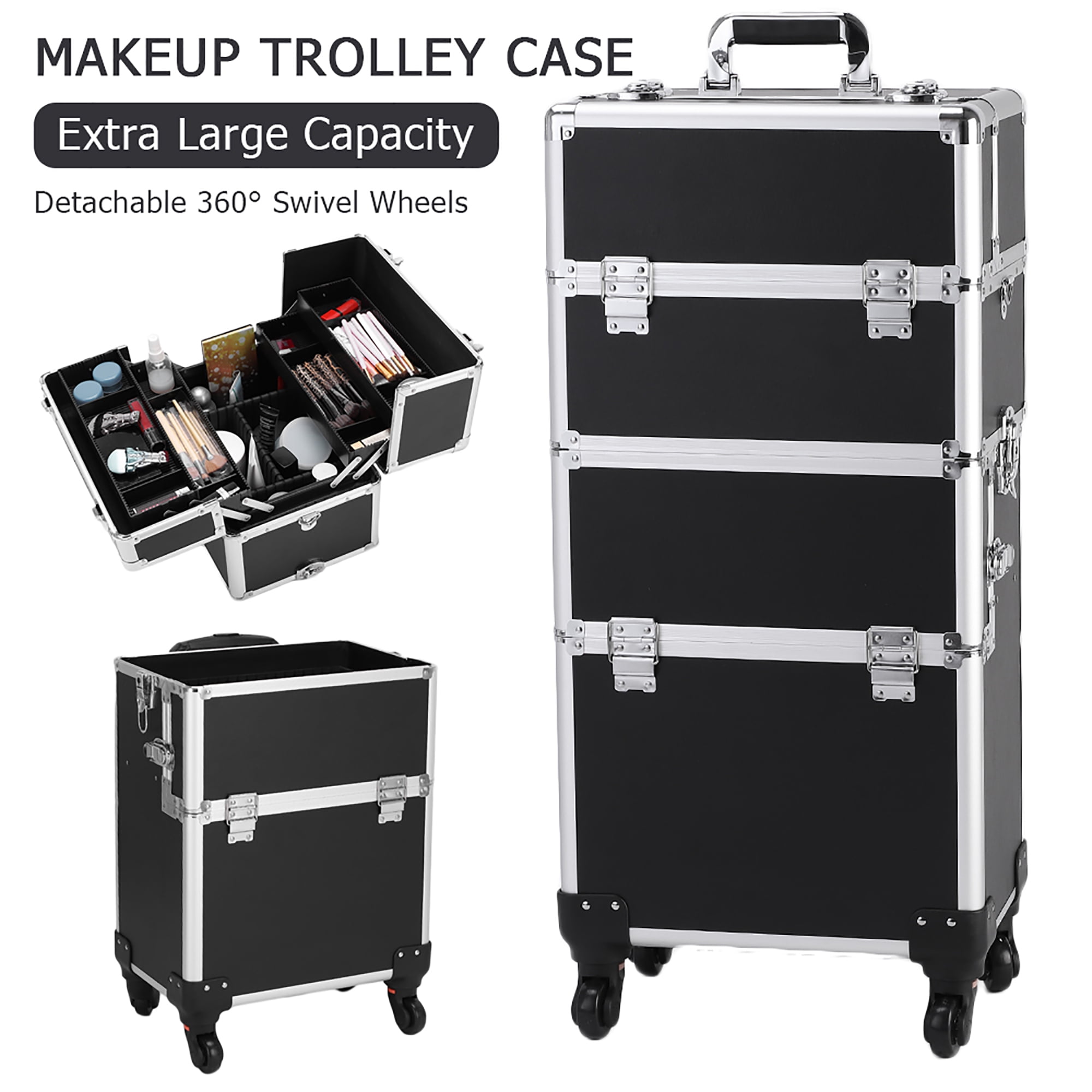 3 in 1 Aluminum Rolling Cosmetic Makeup Train Cases, Black Wheels