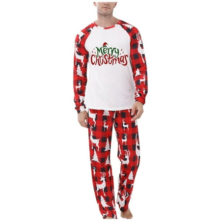 

LINMOUA Men s Christmas Parent-Child Suit Round Neck Long Sleeve Plaid Christmas Homewear Suit
