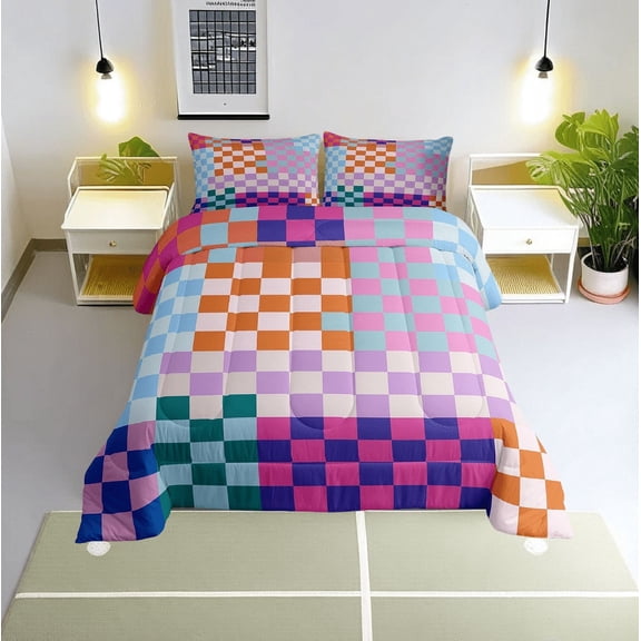 Erosebridal Checkered Gingham Bedding Twin Comforter Set, Colorful Buffalo Down Comforter, Rectangle Geometry Decor, Microfiber
