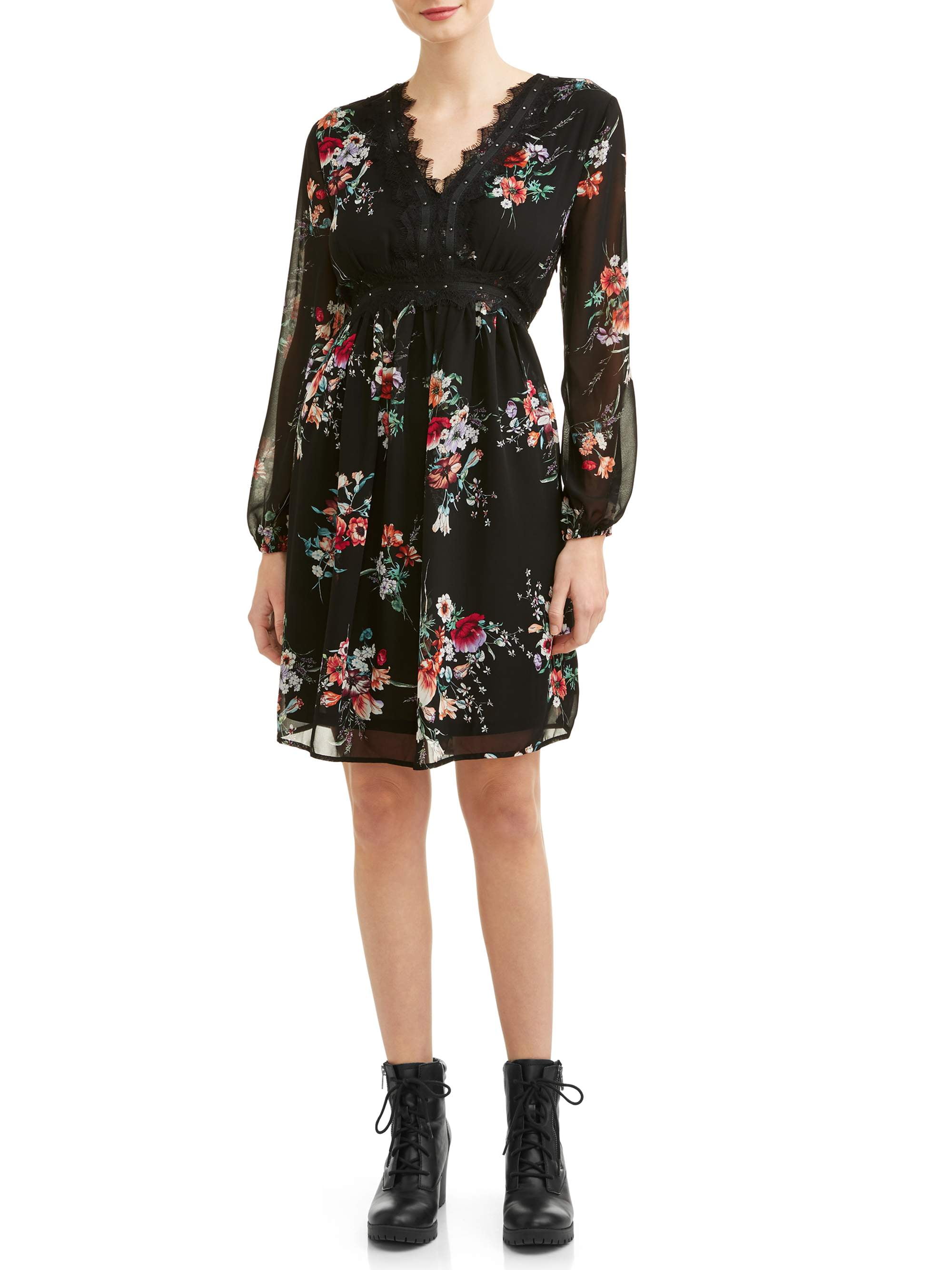 Juniors Patterned Dress with Lace Detail - Walmart.com
