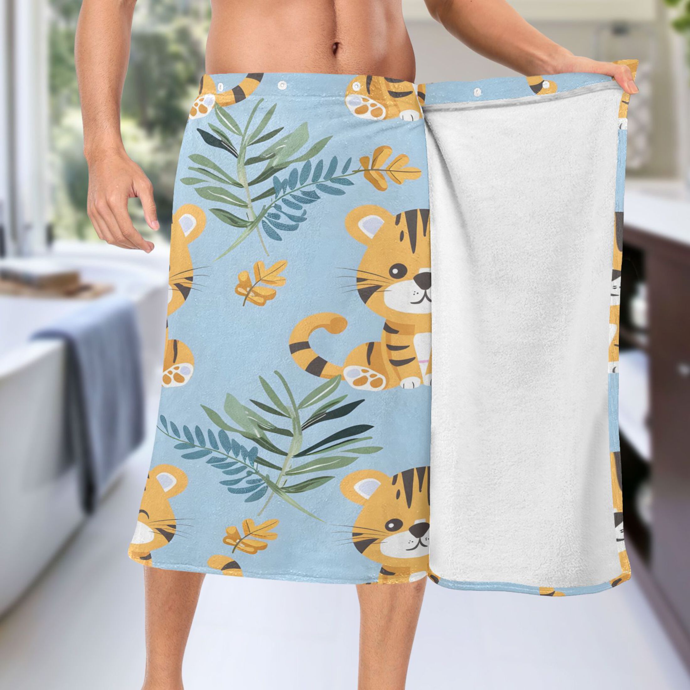 Mens Shower Wrap Adjustable Bath Wrap Towel Body Towels for Gym Shower Sauna Spa Cute Baby Tigers and Leaf 60x28