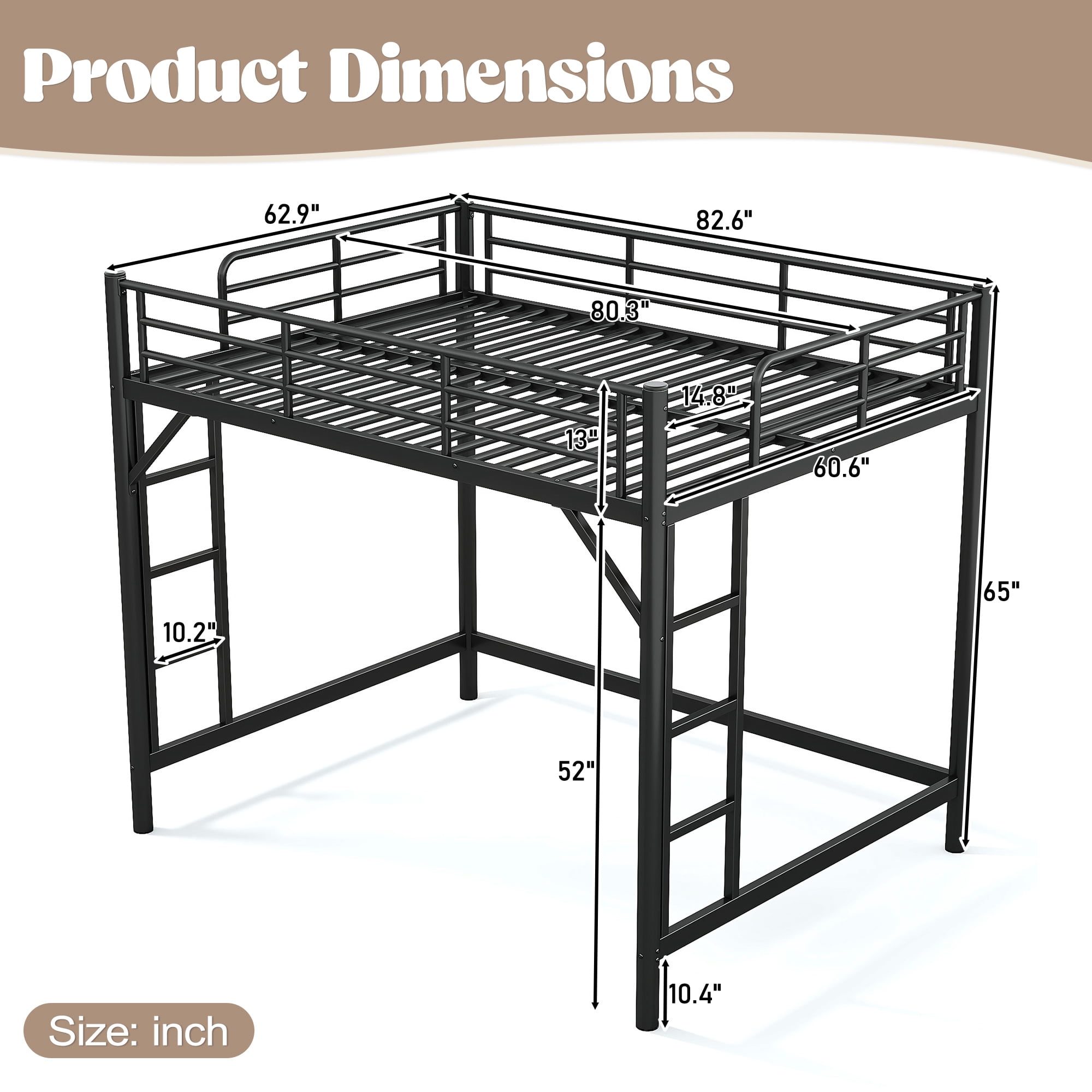 Mintazer Queen Metal Loft Bed Frame with Side Ladders & Guardrails for Teens Adults, No Box Spring Needed, Black