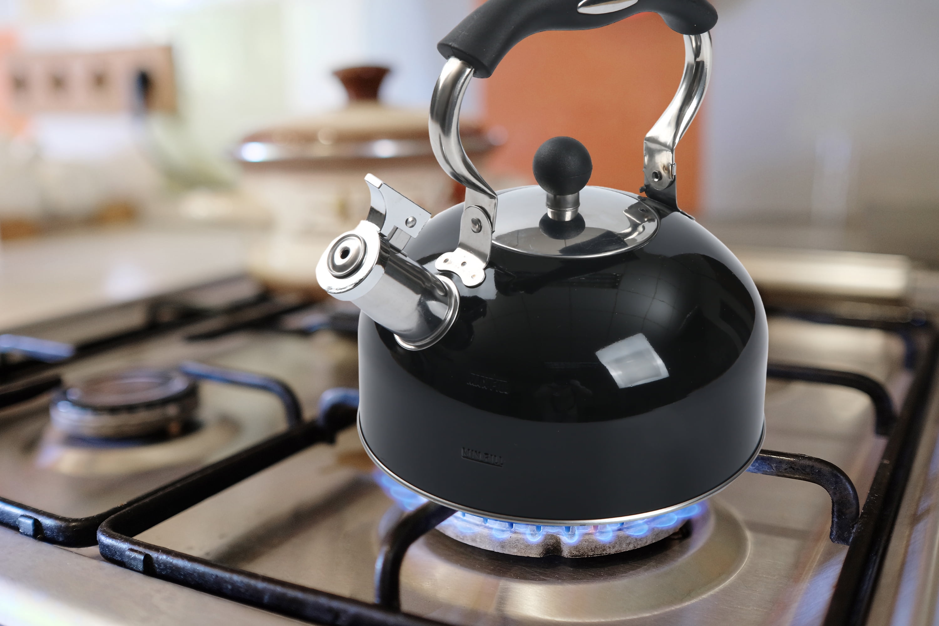 Mainstays 2.5-Liter Whistling Tea Kettle, Stainless Steel Black