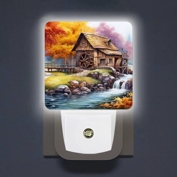 LED Night Lights Lamp with Dusk to Dawn Sensor, Old Wooden Mill With Water Wheel By The River In Autumn Night Light Plug Into Wall for Kids Room, Bedroom, Bathroom, Kitchen, Hallway