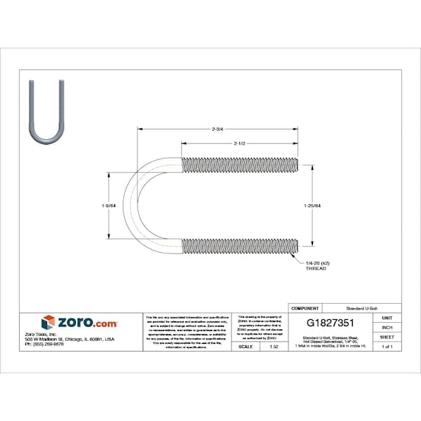 Round U-Bolt, 1/4"-20, 1 9/64 in W, 2 3/4 in H, Plain Stainless Steel S61000UB00