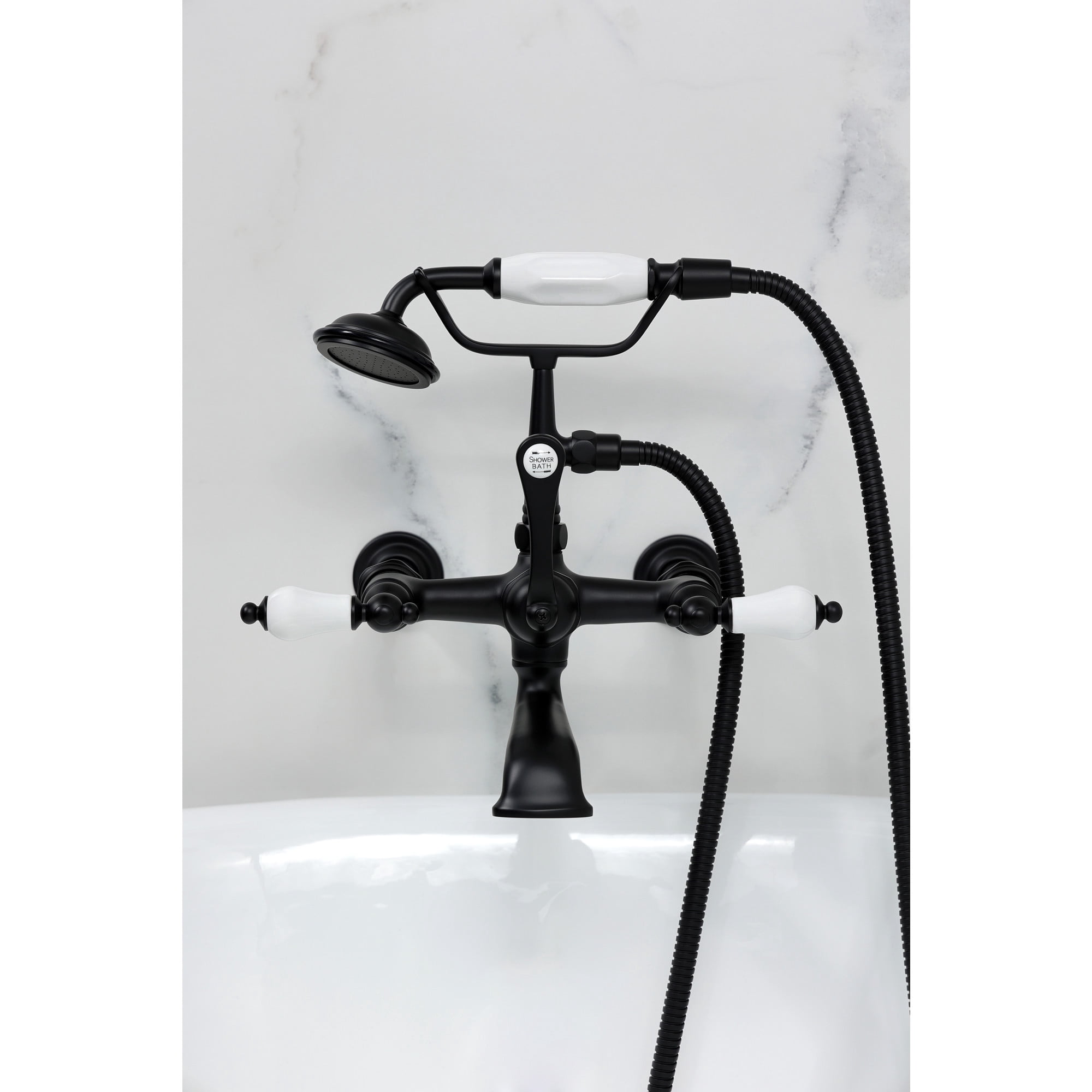 Kingston Brass CC543T0 Vintage 7-Inch Wall Mount Tub Faucet with Hand Shower, Matte Black