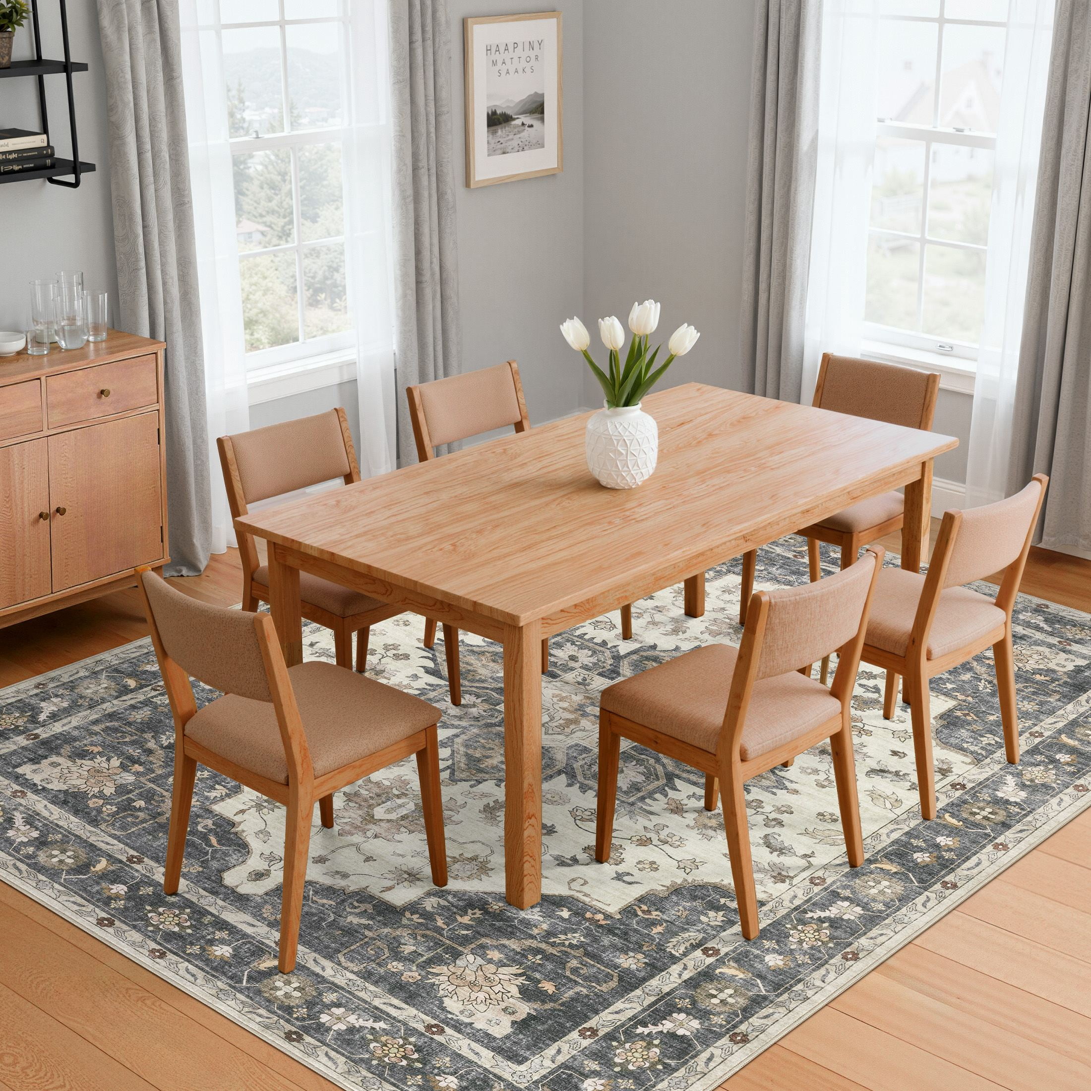 Uermei 6'x9' Vintage Traditional Area Rug: Washable Non-Slip Farmhouse Distressed Indoor Carpet for Living Room Bedroom Dining Room - Beige Blue