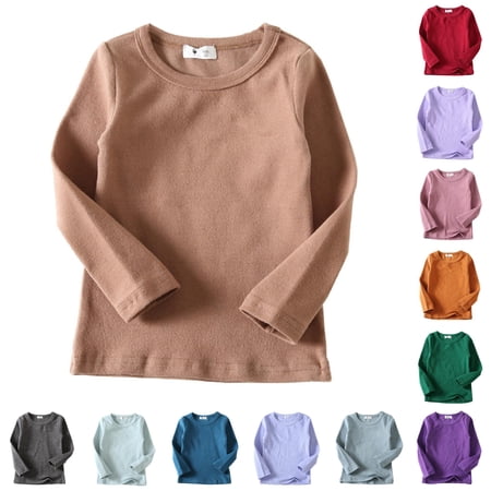 WAYUTE T Shirts for Girls Toddler Kids Baby Crew Neck Soft Long Sleeve Solid Color Tee Tops Cotton Blend for Daily Wear Outdoor Casual Tshirt Coffee