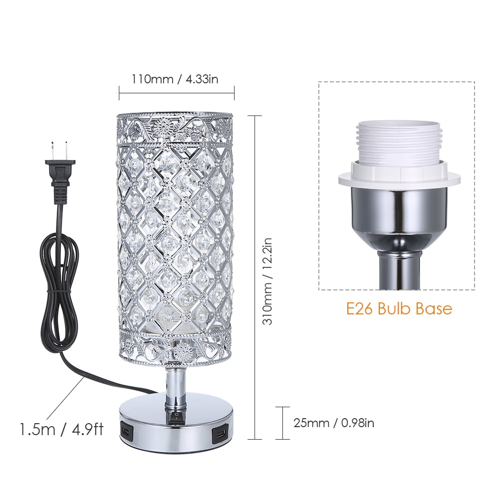 Neoglint Crystal Table Lamp Set of 2, Modern Bedside Light with 2 USB Ports, Silver Nightstand Lighting for Bedroom Living Room
