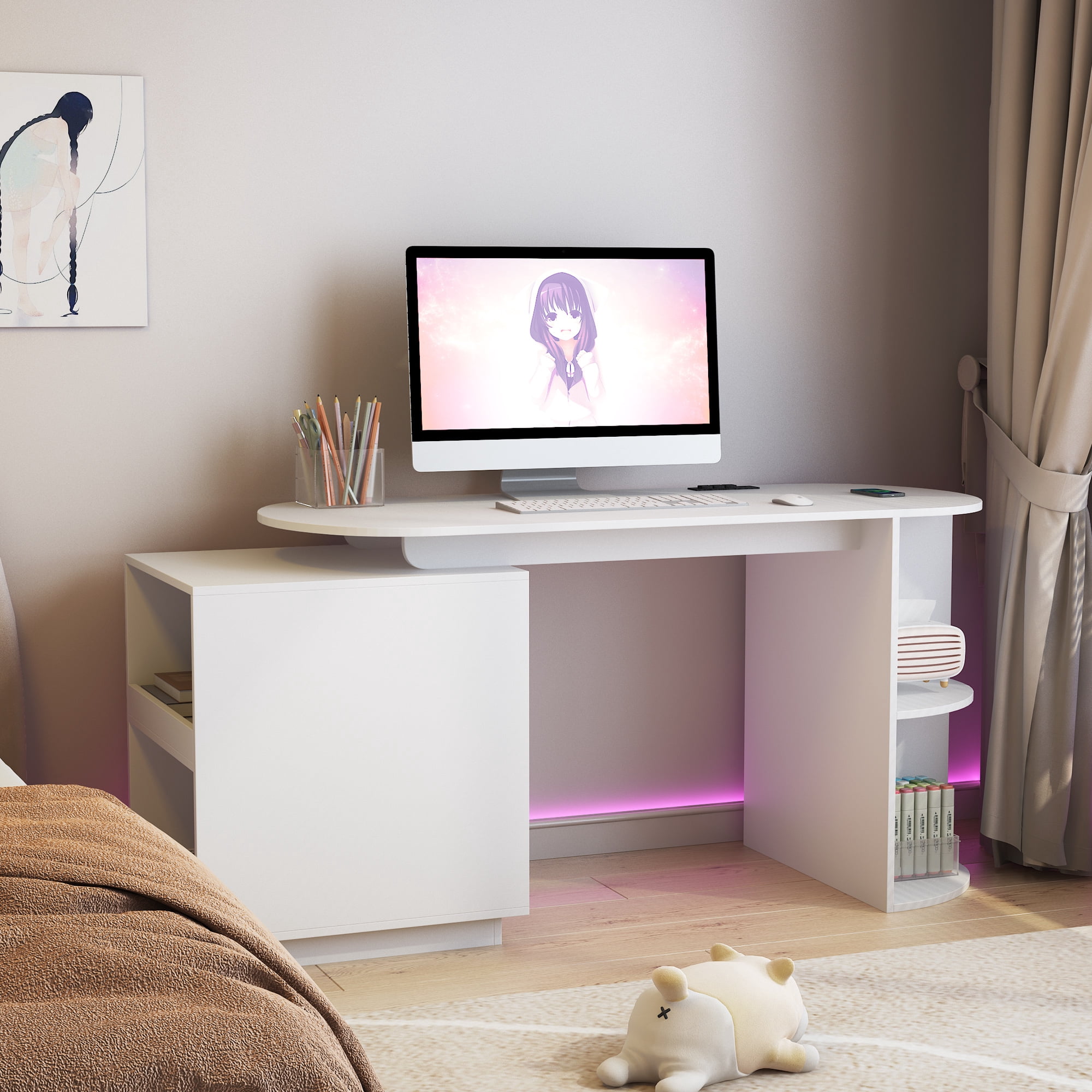 Aukfa Home Office Desk,Wood Executive Desk Teens Student Desk Study Table with Drawer & Power Outlets,White