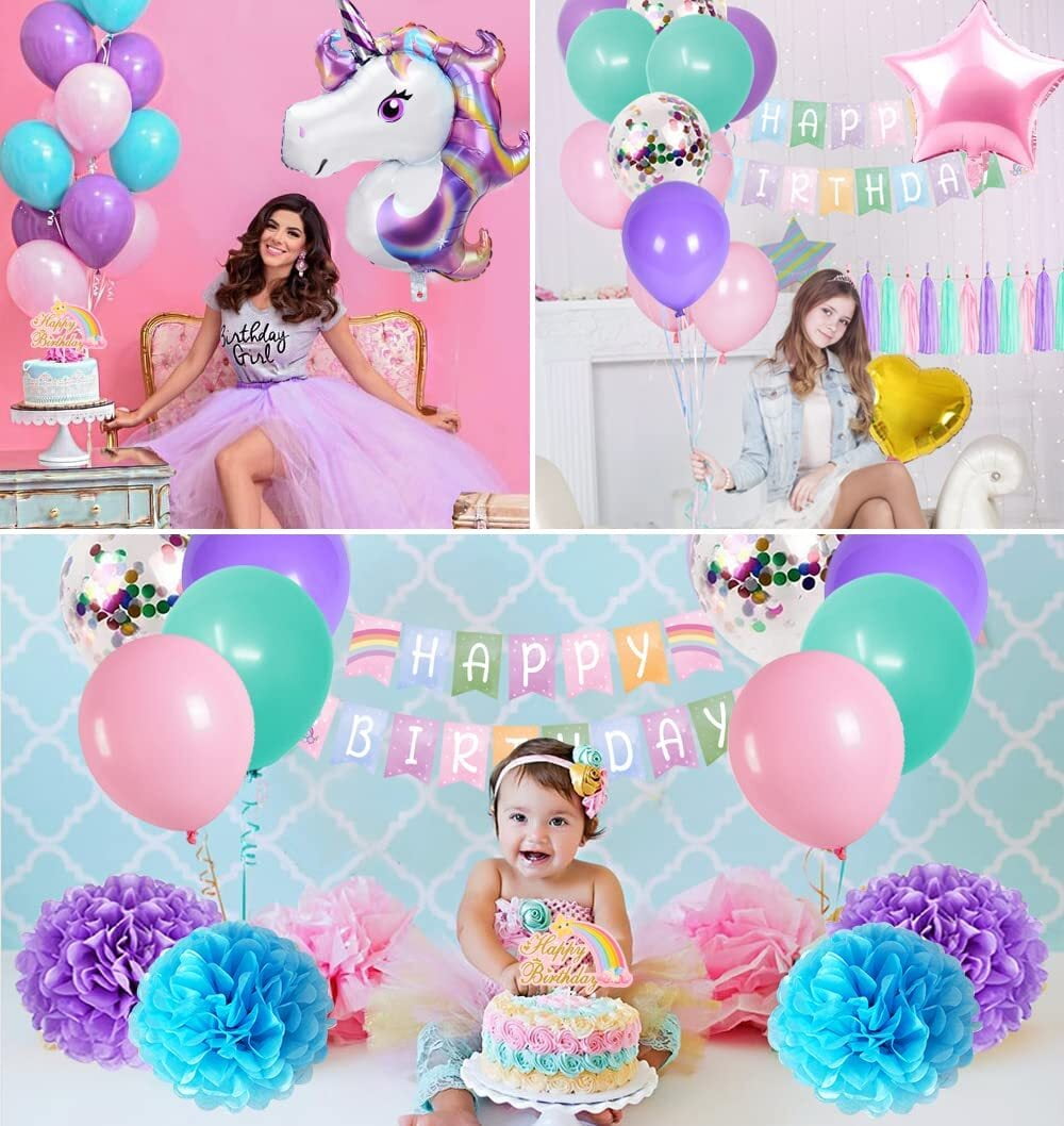 141pcs/lot Shimmer Confetti DIY Pastel Unicorn Balloons Arch Garland Kit  Rainbow purple balloons Birthday Party Decoration