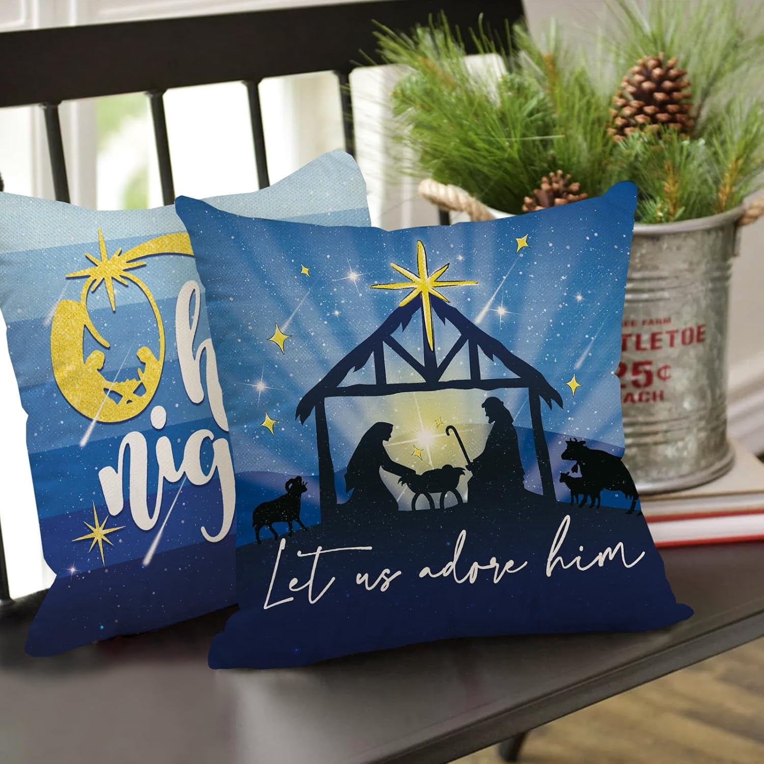 Christmas O Holy Night Decorative Throw Pillow Covers 18x18 Set of 4, Religious Xmas Jesus Nativity Navy Blue Outdoor Pillowcase, Rejoice in The Lord Winter Holiday Cushion Case Home Decor
