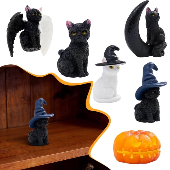 SeekLGT Halloween Decorations Resin Black and White Cat Figurine, Cute Halloween Desk Decor with Witch Hat, Moon and Pumpkin Statue for Tabletop, Shelf, Mantel, Office, Cake Decoration, 1 pc