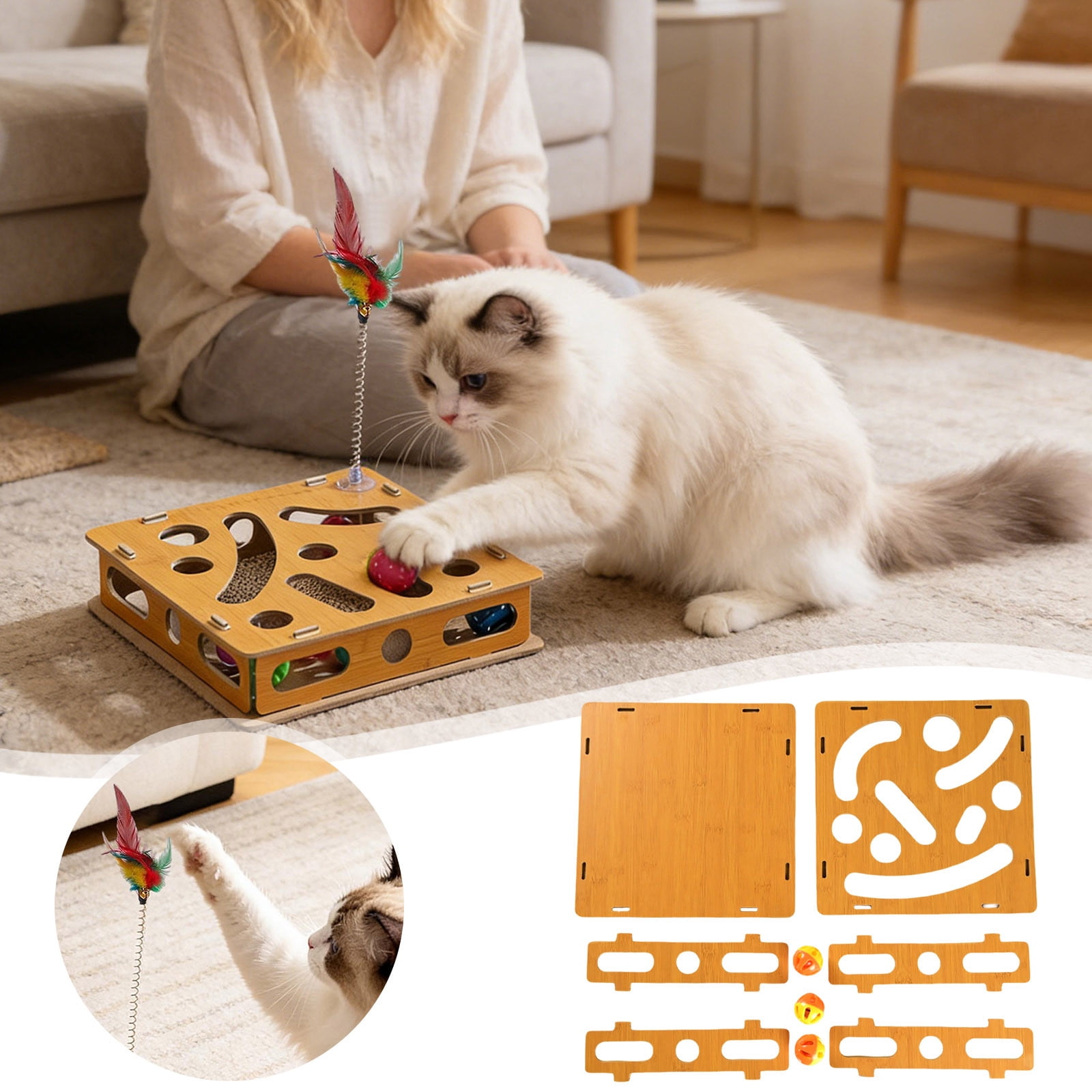 Interactive Cat Enrichment Puzzle Toy with Nail Trimming Sandpaper Board for Indoor Feline Entertainment and Stress