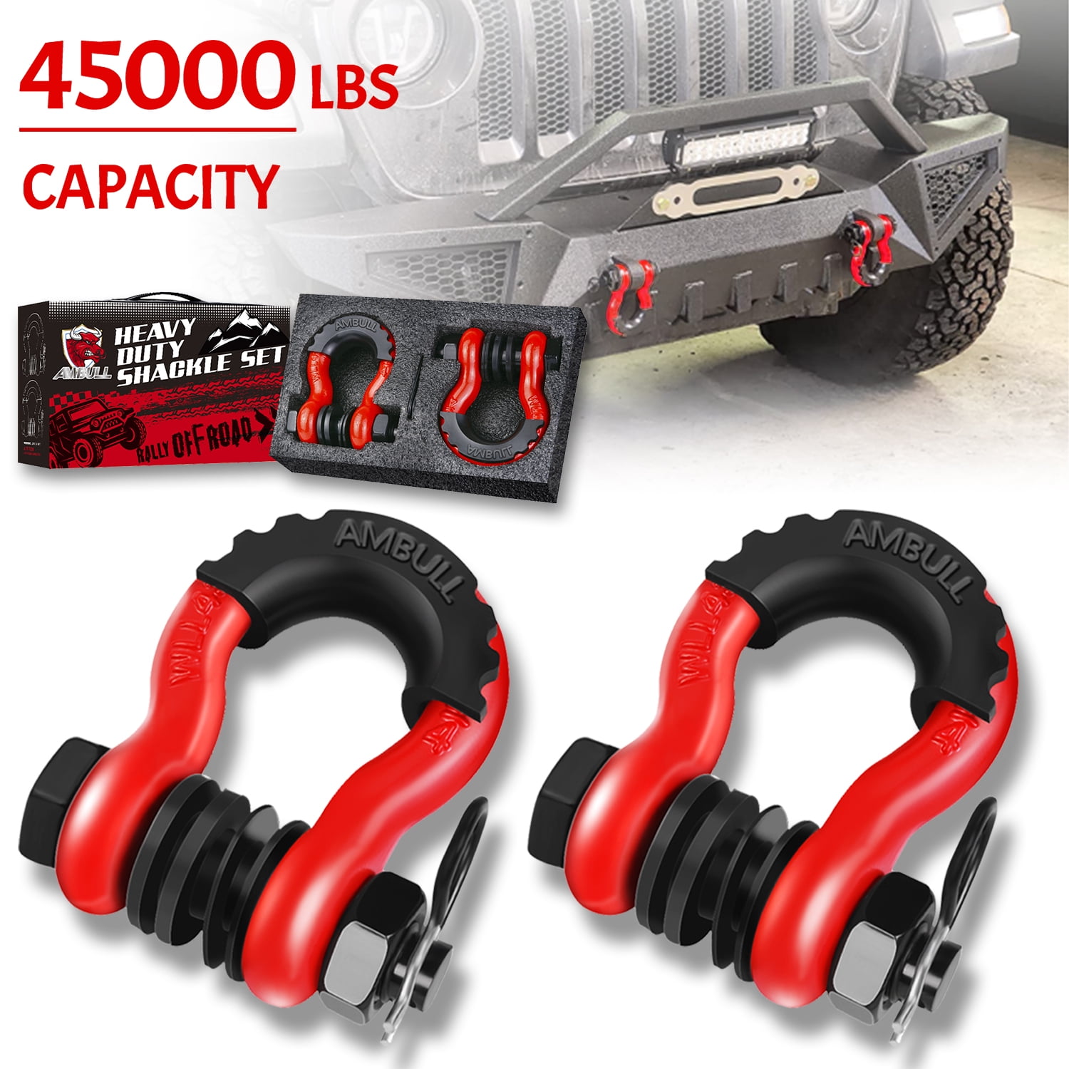 AMBULL Shackles 3/4 Inch D Ring Shackle (2 Pack) 45,000lb Break Strength with 7/8 Inch Pin, Isolator and Washer Kits for Use with Tow Strap, Winch, Off-Road Jeep Truck Vehicle Recovery, Red