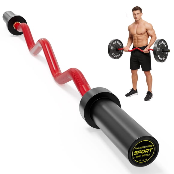 47 inch EZ Curl Barbell Bar 700 lbs Capacity, 28mm Diamond Knurled Shaft with Spring Collars, 2 inch Olympic Weight Bar for Biceps Triceps Squats Home Gym, Red Black