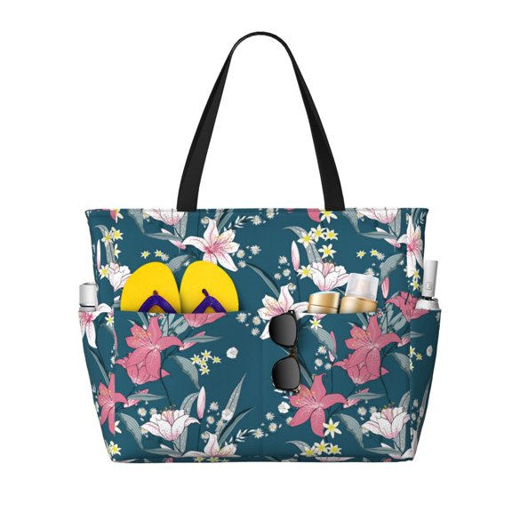 Honeii Lilies Flowers for Tote Bag with Adjustable Strap,Beach Bag, Waterproof Sandproof Beach Tote Bag, Large Capacity Foldable Beach Bags