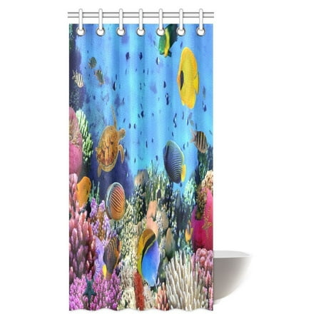 Coral Bathroom Wall Decor MYPOP Ocean Decor Collection, Tropical and Exotic Coral Reefs Fish School Natural Life in a Shallow Underwater Wild Marine Seascape Bathroom Shower Curtain Set with Hooks, 36 X 72 Inches ()