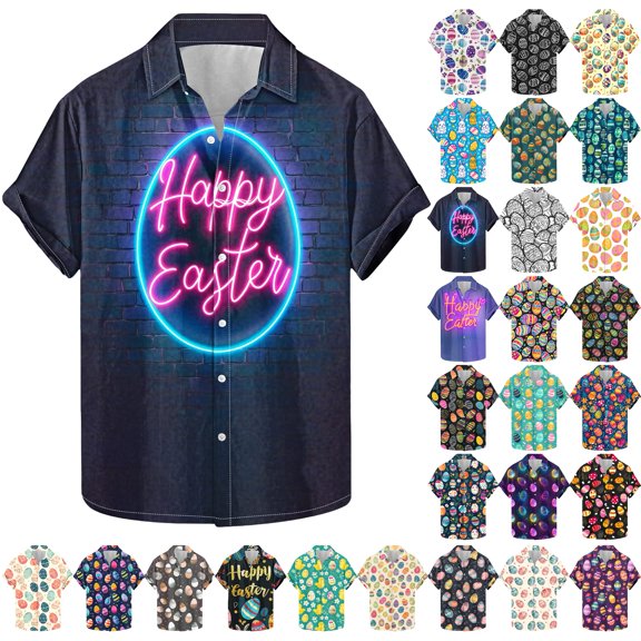 VBTAPA Easter Egg Print Shirts for Men Easter Day Short Sleeve Casual Button Down Shirts Festival Beach Bowling Shirts Multicolor XXXXXL