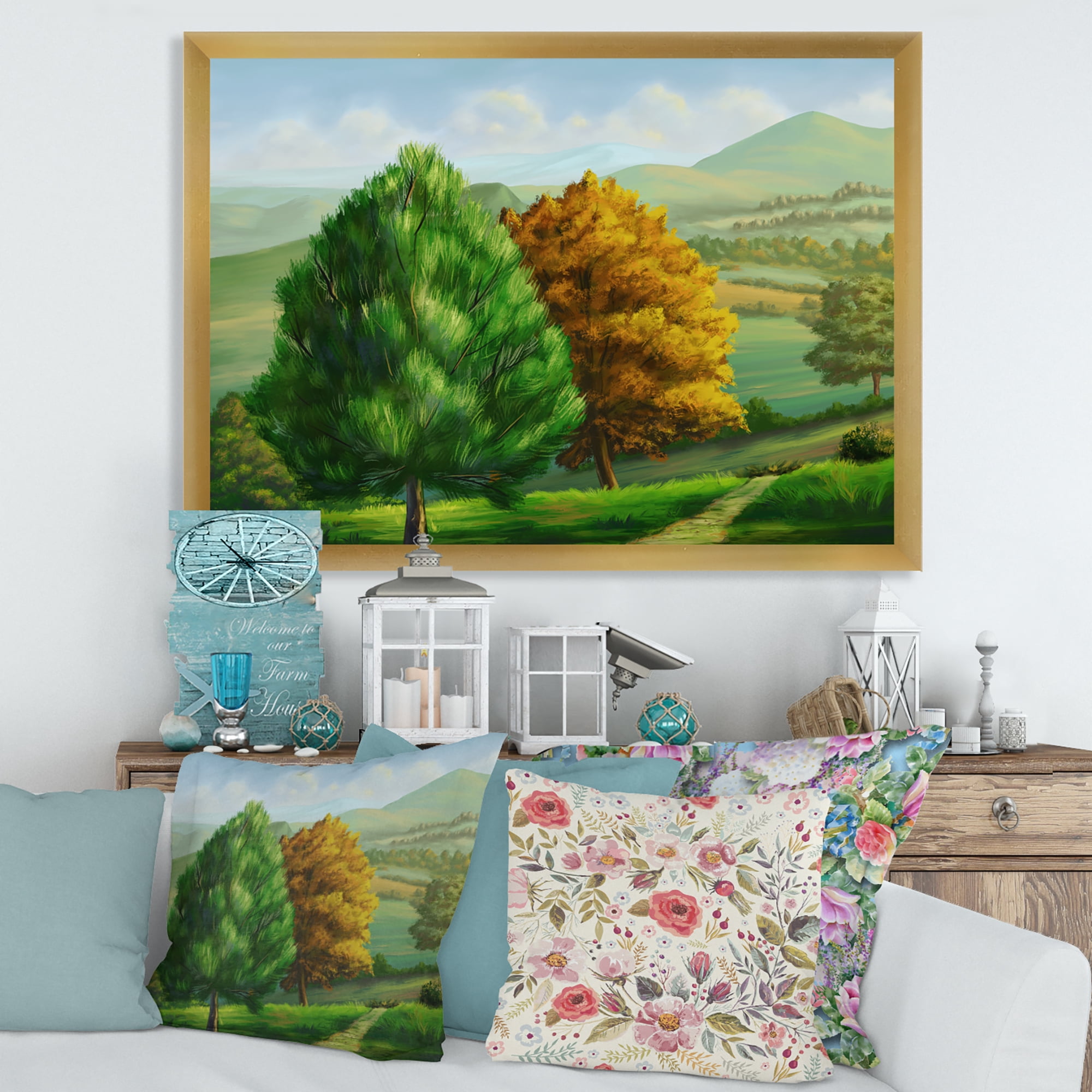 Designart 'VIbrant Trees With Country Scenery' Traditional Framed Art Print