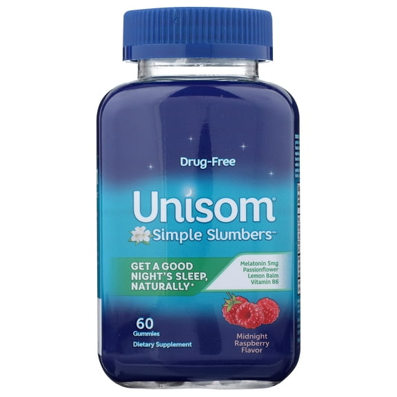 Unisom Simple Slumbers Drug Free Sleep Aid Gummies Melatonin 5mg Midnight Raspberry, Purple, 60 Count