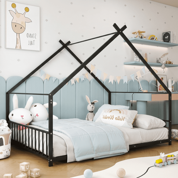 Alvantor Full Size Kids Metal House Bed with Guardrails and Slat Support, Black