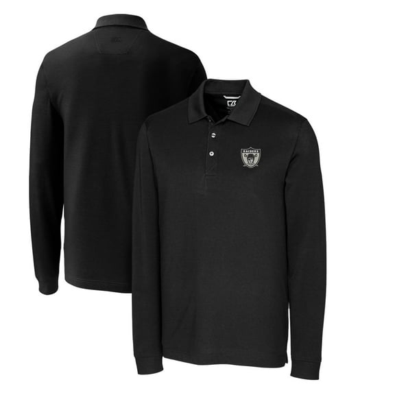 Men's Cutter & Buck Black Las Vegas Raiders Advantage Tri-Blend Pique Big & Tall Long Sleeve Throwback Polo