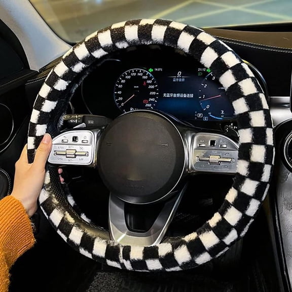 Microfiber Plush Car Steering Wheel Cover for Women, Classical Black White Checkerboard Pattern, Universal 15 Inch
