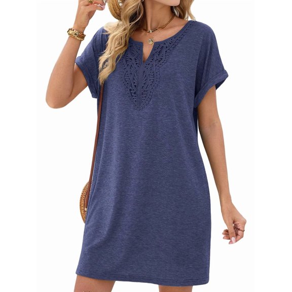 Women Lace V Neck Casual Boho Dress Comfy Short Sleeve Flowy Hem A Line Beach Dress Navy Blue XXL