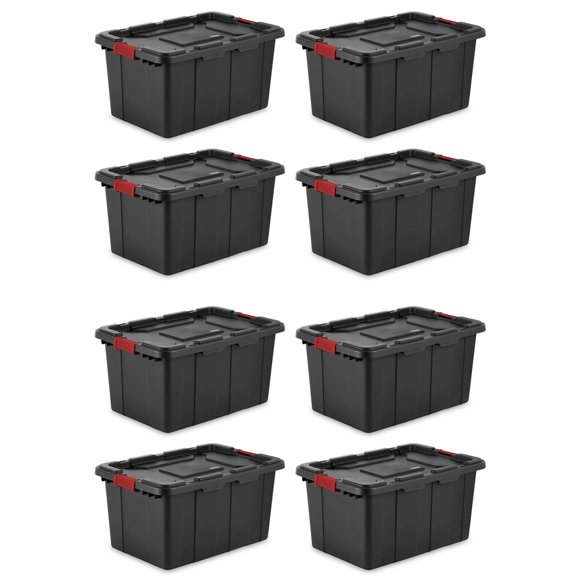 Sterilite 27 Gal Durable Industrial Tote w/Red Latches, Black (8 Pack)