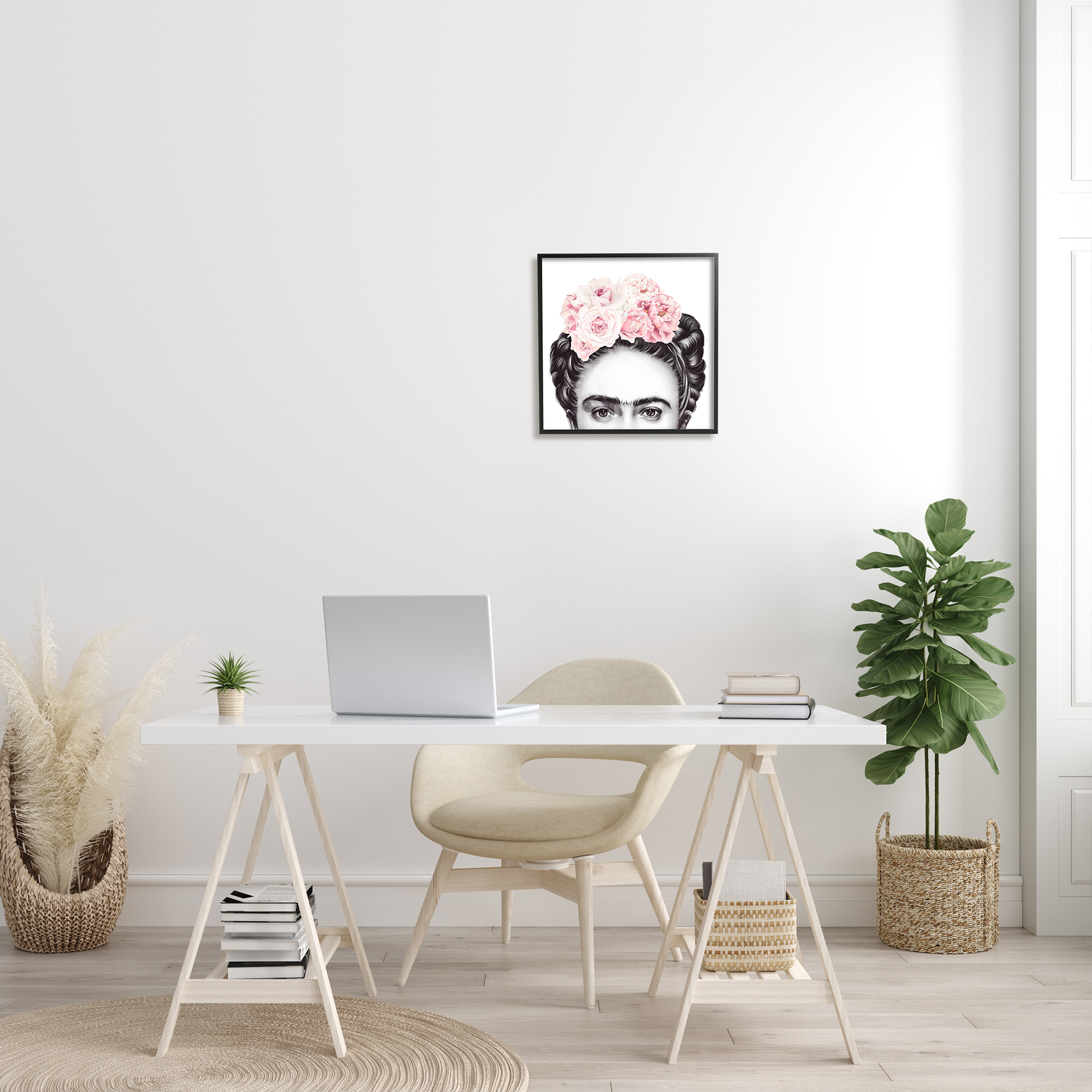 Frida With Pink Roses Powerful Full Eyed Portrait Botanical & Floral Framed Art Print Wall Art, 17x17
