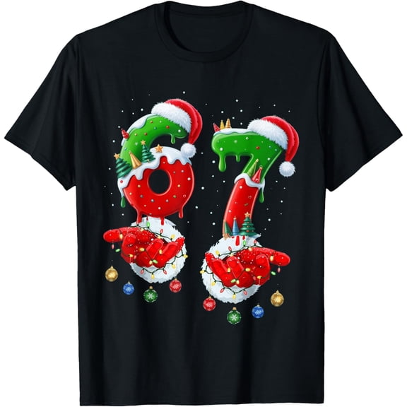 Six Seven 67 Meme 6 7 Christmas Santa Hand T-Shirt- American fashion hot selling casual retro high quality 100% cotton T-shirt 1 piece
