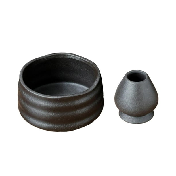 Cuencos japoneses para matcha con soporte para batidor Cuenco retro de cerámica para mezclar matcha de cerámica Negro