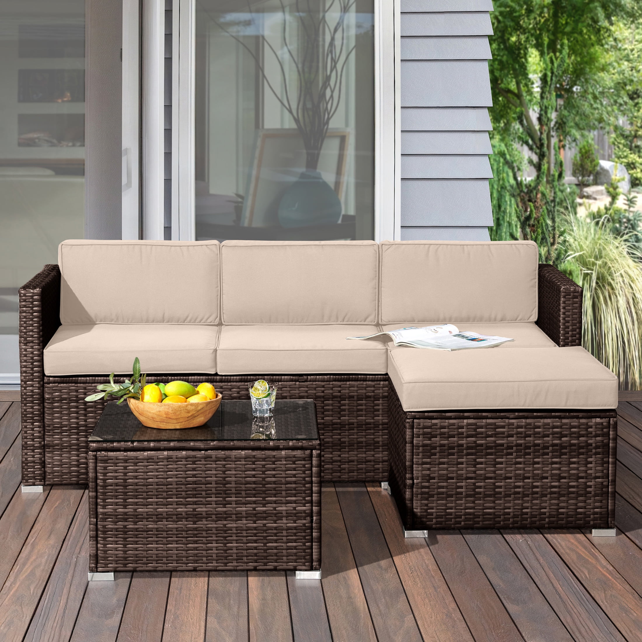 Lavish Home 3PC Synthetic Rattan  Rattan Patio Furniture Set with Sectional and Table for 3 Adults (Brown)