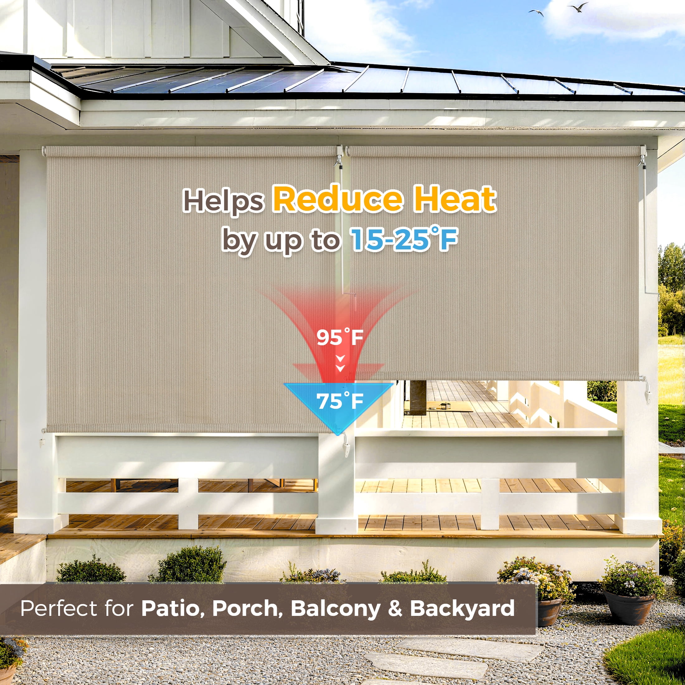 AOSKY Cordless Outdoor Roller Shades, 4'W x 6'H, UV Block Sunshades for Patio, Roll Up Blinds for Porch Pergola Balcony, Sesame