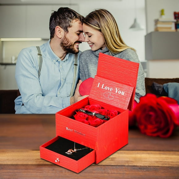 Flores artificiales, flores falsas, flores artificiales, juego de regalo para mujer, caja de regalo de rosas, regalo de propuesta para enamorados, joyería, anillo, caja de rosas, collar de rosas peque