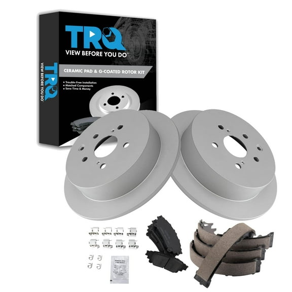 TRQ Rear Brake Pad & Rotor Kit Brake Pads Brake Rotor Parking Brake Shoe Set Ceramic Premium G-Coated Fits Select 2010-2015 Lexus RX350 RX450h 2014-2019 Toyota Highlander 2011-2020 Sienna