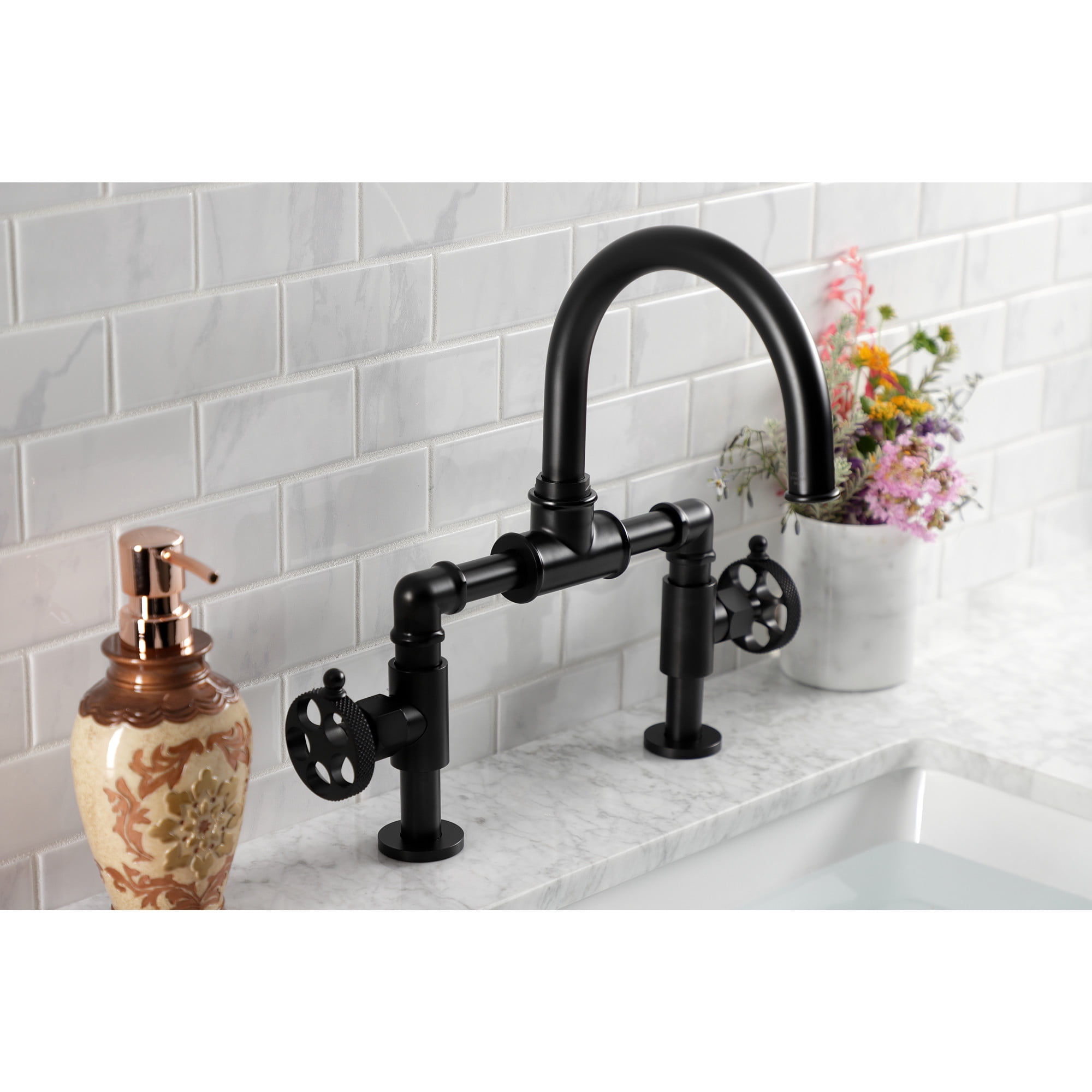 Kingston Brass KS2170RKX Webb Bridge, Matte Black Bathroom Faucet with Knurled Handle and Push Pop-up Drain
