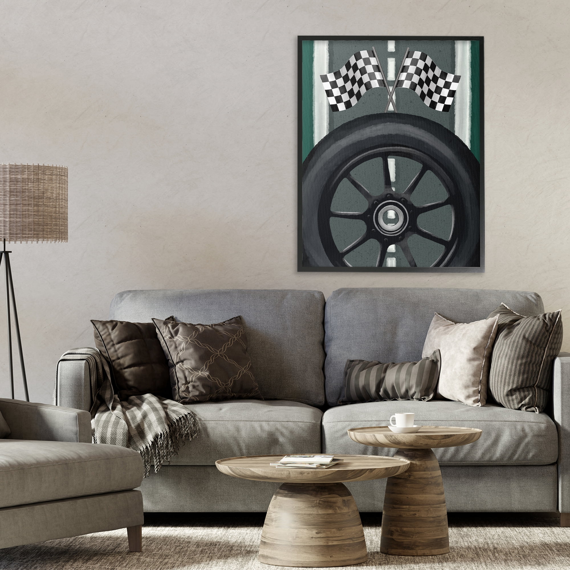 Stupell Industries Racetrack Flags & Tire Black Framed Giclee Art, design by Jennifer Stith