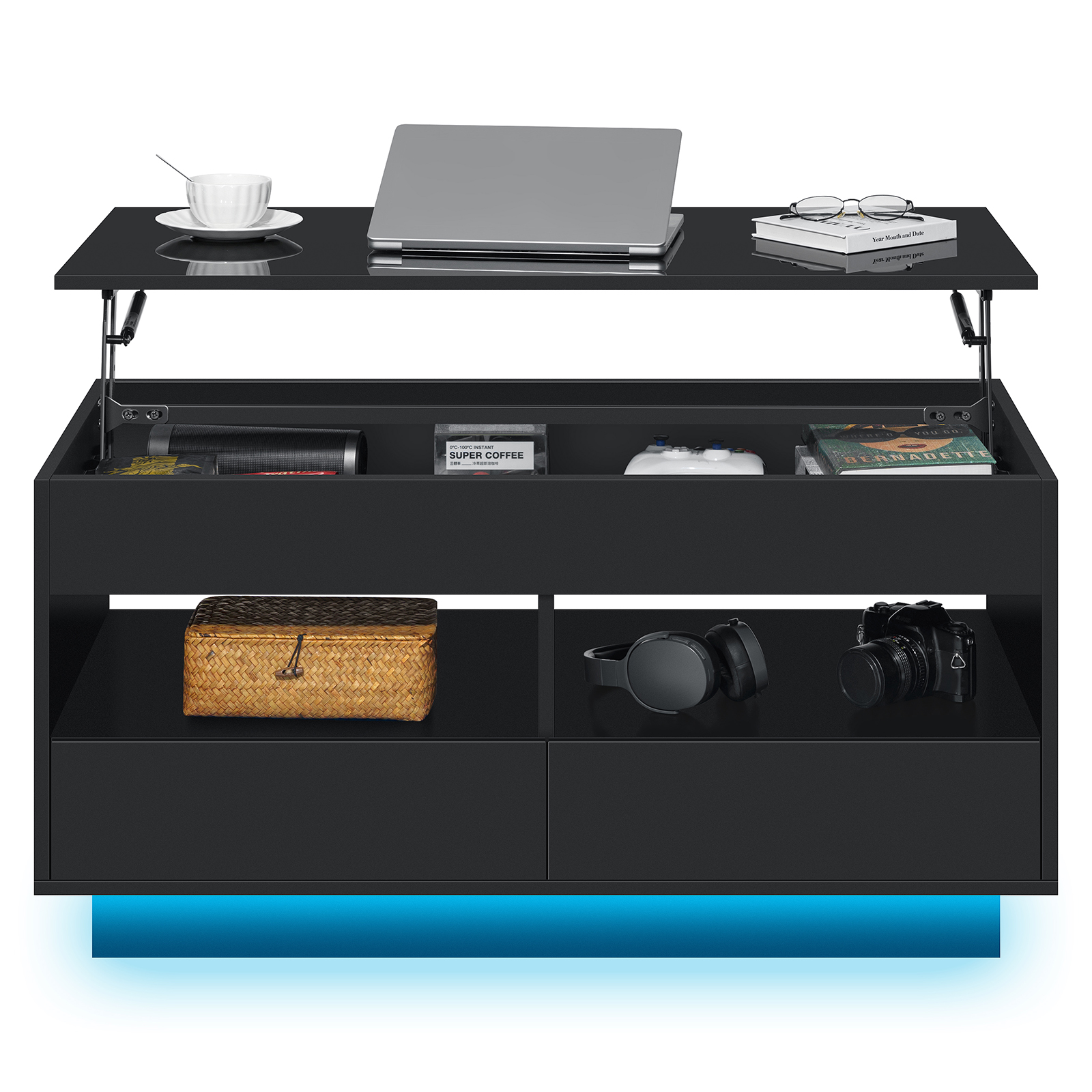 Hommpa Lift Top Coffee Table 2 Drawers & Shelves LED Coffee Tables ...