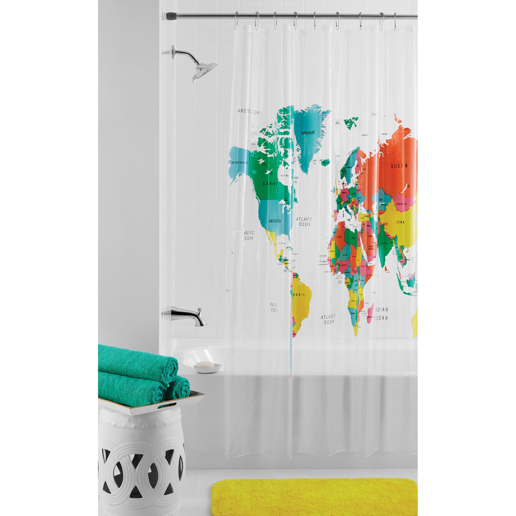 shower curtain with map of the world