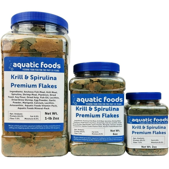 Krill & Spirulina Flakes for Cichlids, Discus, Angels, Tetras, Guppies, Koi, Goldfish, All Tropical Fish also Pellet and Wafer Mix Included - 2oz