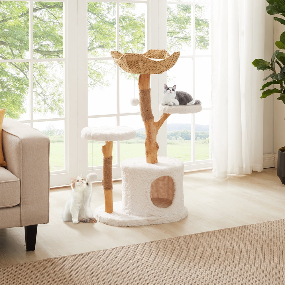 Unipaws Modern Cat Tree Tower for Small and Large Cats, Real Solid Wood Branch Luxury Cat Condo with Scratching Post and Cat Bed