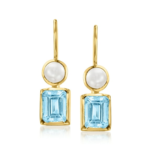 Ross-Simons 5mm Cultured Pearl and 3.40 ct. t.w. Sky Blue Topaz Drop Earrings in 18kt Gold Over Sterling, Women's, Adult
