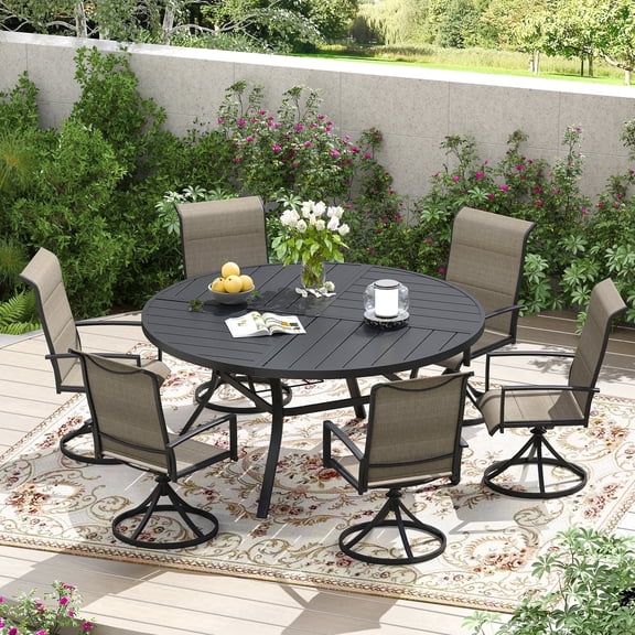 DIFY 7PCS Outdoor Dining Set, 53" Round Dining Table and 6 Swivel Chairs, Black